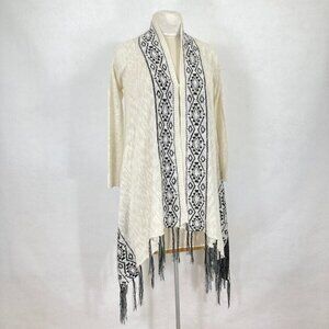 Woven Heart Aztec Geometric Open Front Cardigan Sweater Fringe Med